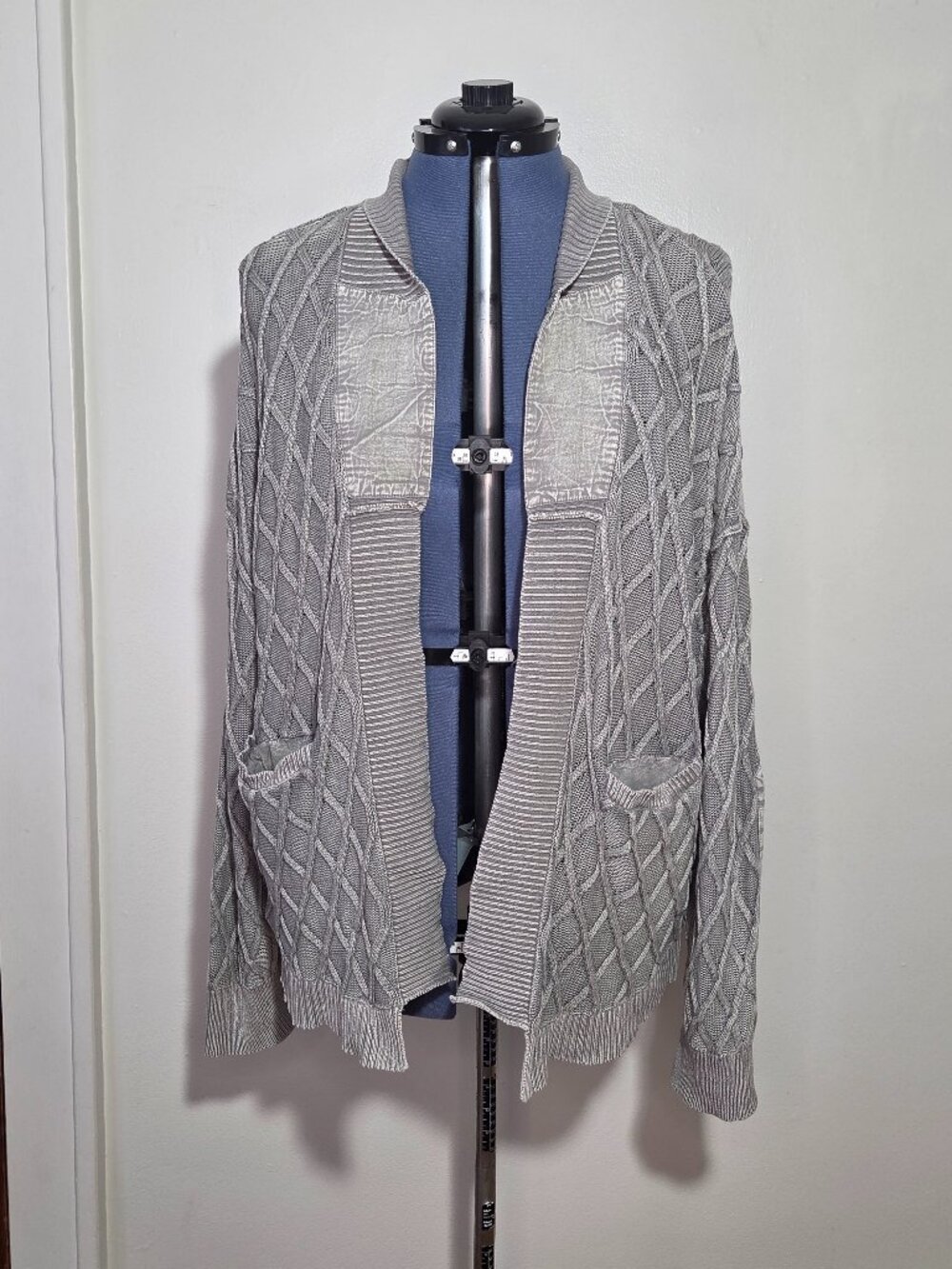 Festi Cotton Faded Grey Green Grunge Cable Knit Open Front Cardigan
